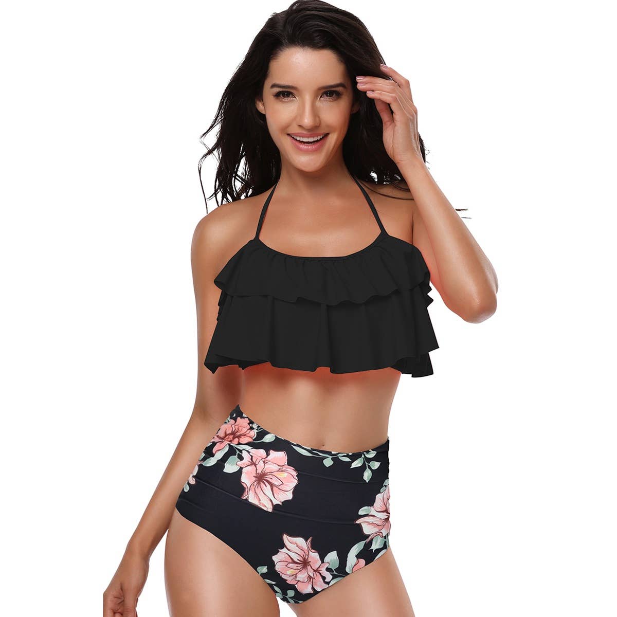 Halter Ruffle High Waisted Leaves Print Swimsuit - MVTFASHION.COM
