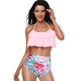 Halter Ruffle High Waisted Leaves Print Swimsuit - MVTFASHION.COM