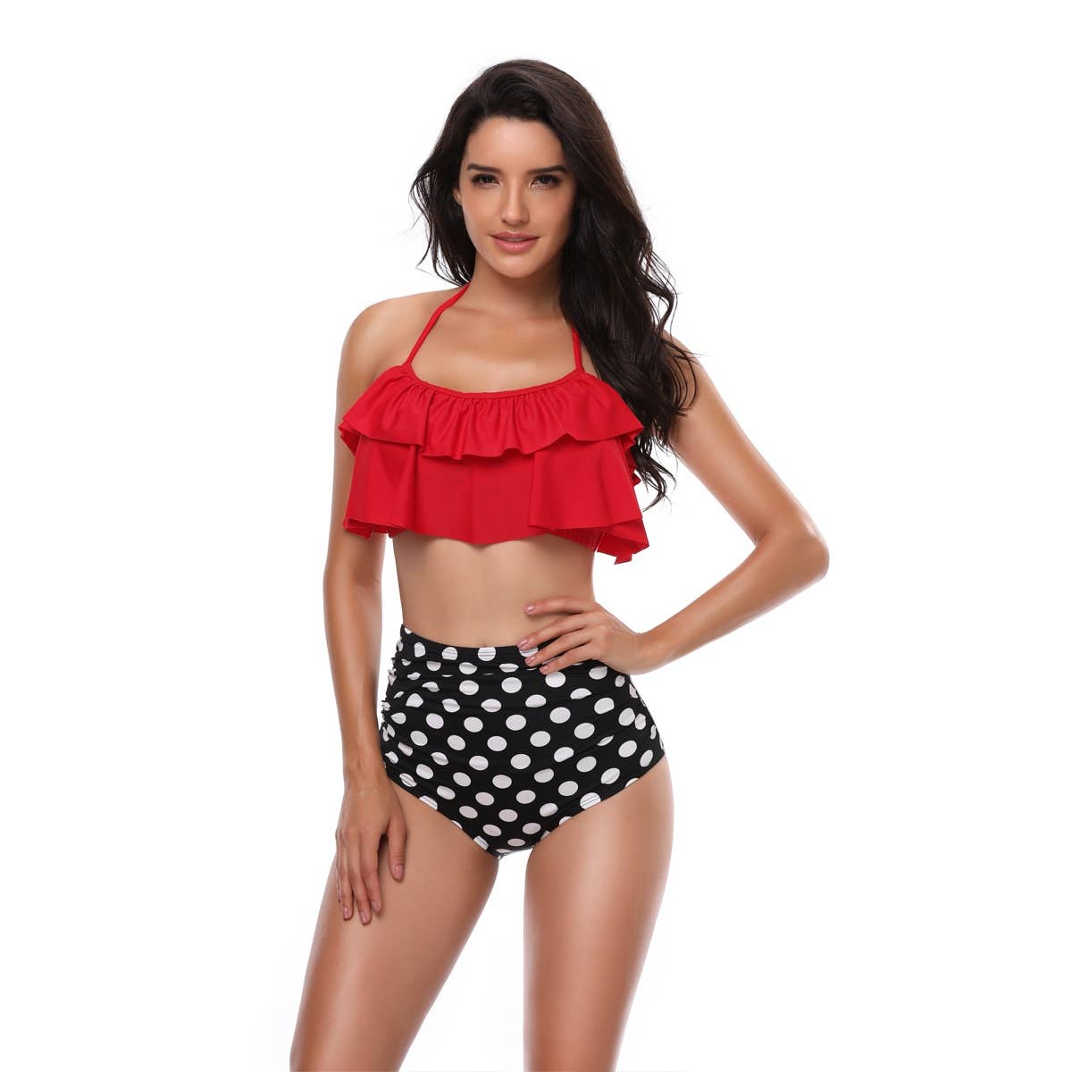 Halter Ruffle High Waisted Leaves Print Swimsuit - MVTFASHION.COM