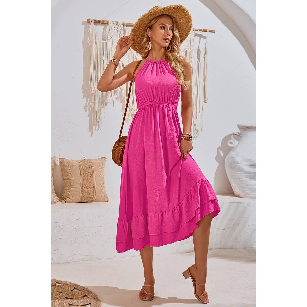 Halter Sleeveless Elastic Waist Ruffle Dress - MVTFASHION.COM