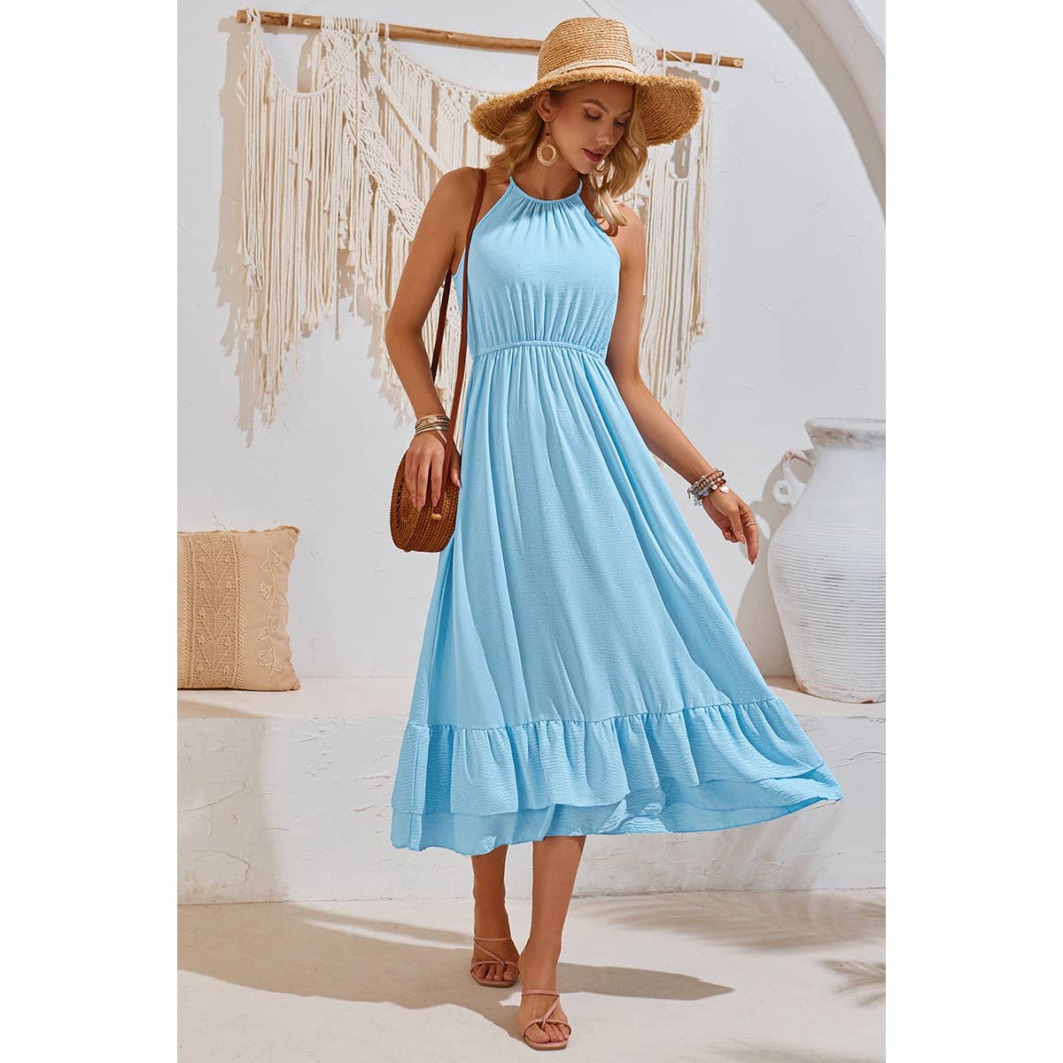 Halter Sleeveless Elastic Waist Ruffle Dress - MVTFASHION.COM