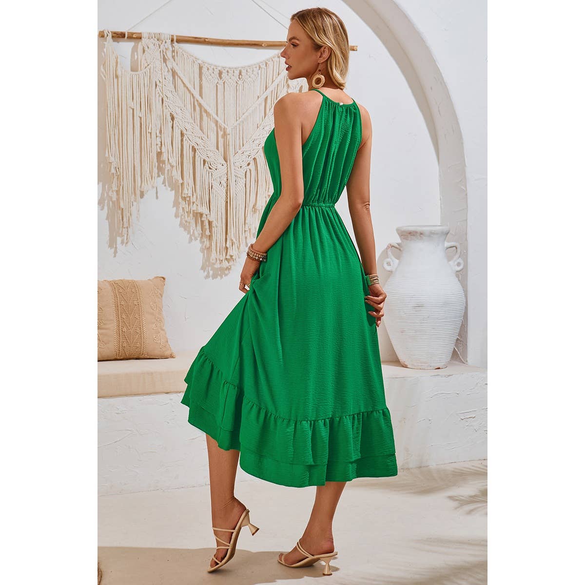 Halter Sleeveless Elastic Waist Ruffle Dress - MVTFASHION.COM