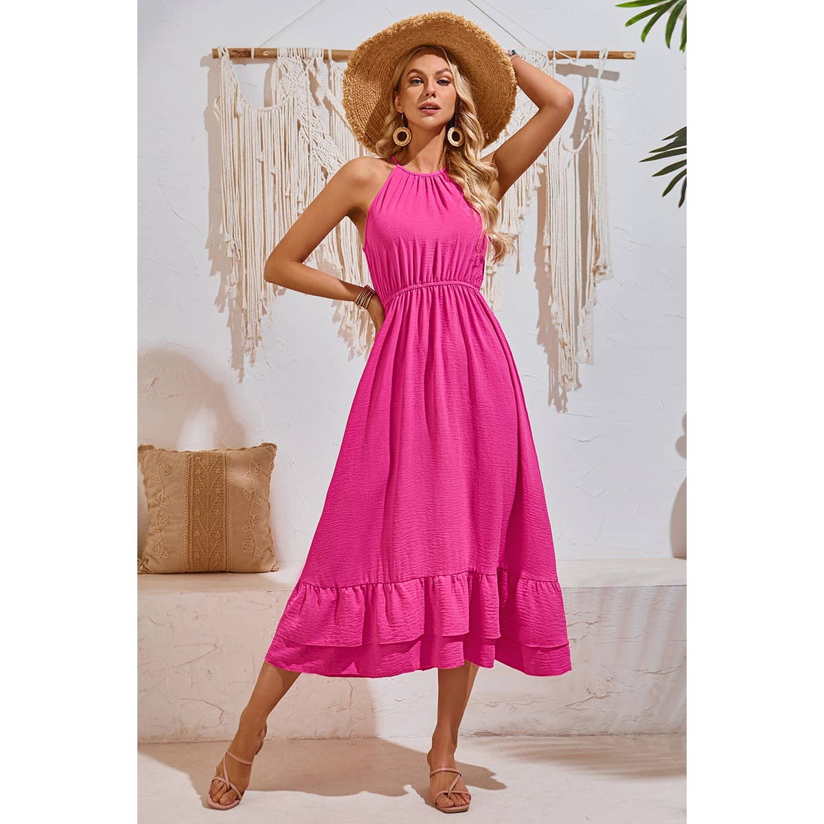 Halter Sleeveless Elastic Waist Ruffle Dress - MVTFASHION.COM