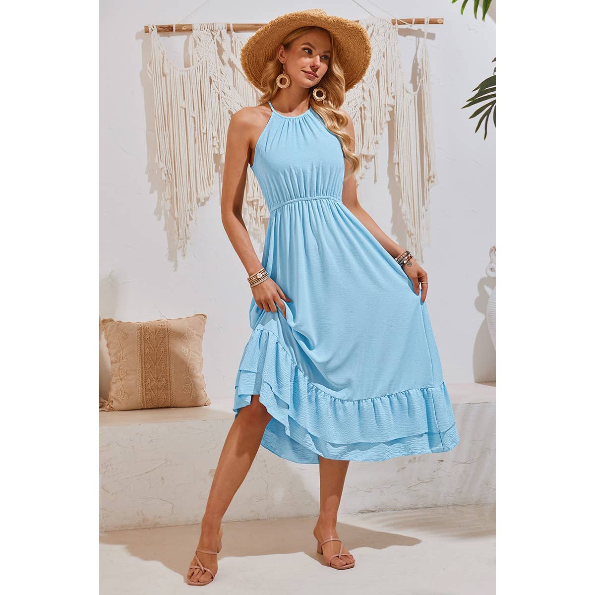 Halter Sleeveless Elastic Waist Ruffle Dress - MVTFASHION.COM