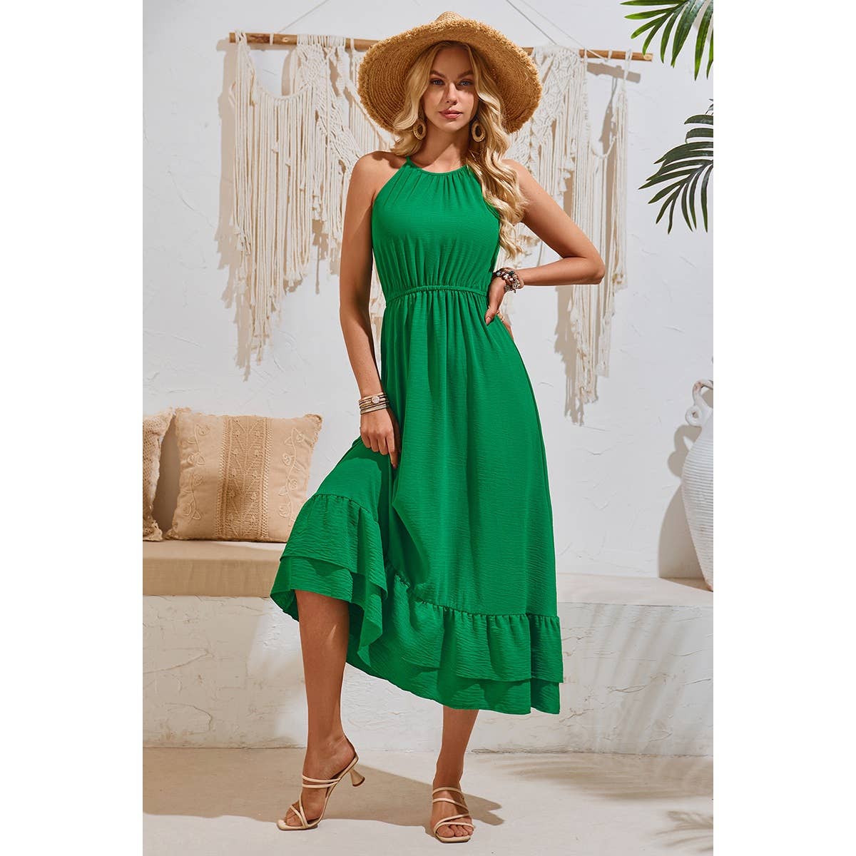 Halter Sleeveless Elastic Waist Ruffle Dress - MVTFASHION.COM