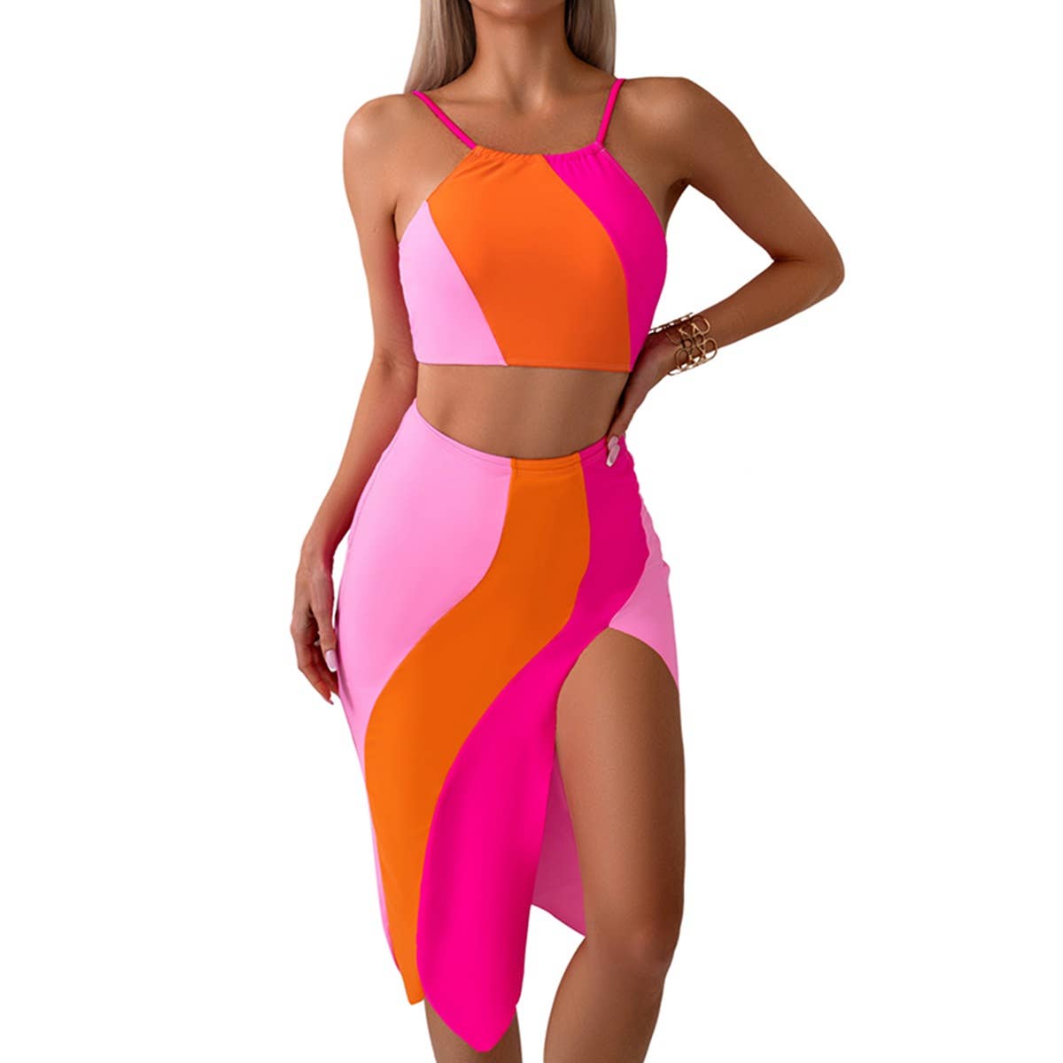 Halter Sleeveless Two Pieces Split Print Swimsuit - MVTFASHION.COM