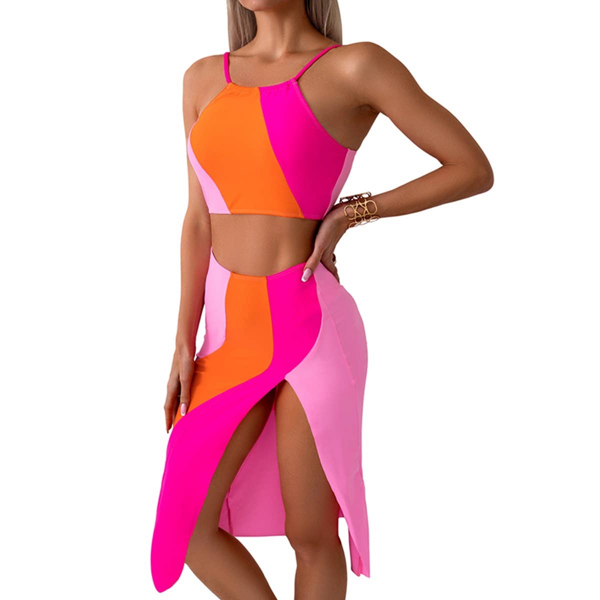 Halter Sleeveless Two Pieces Split Print Swimsuit - MVTFASHION.COM