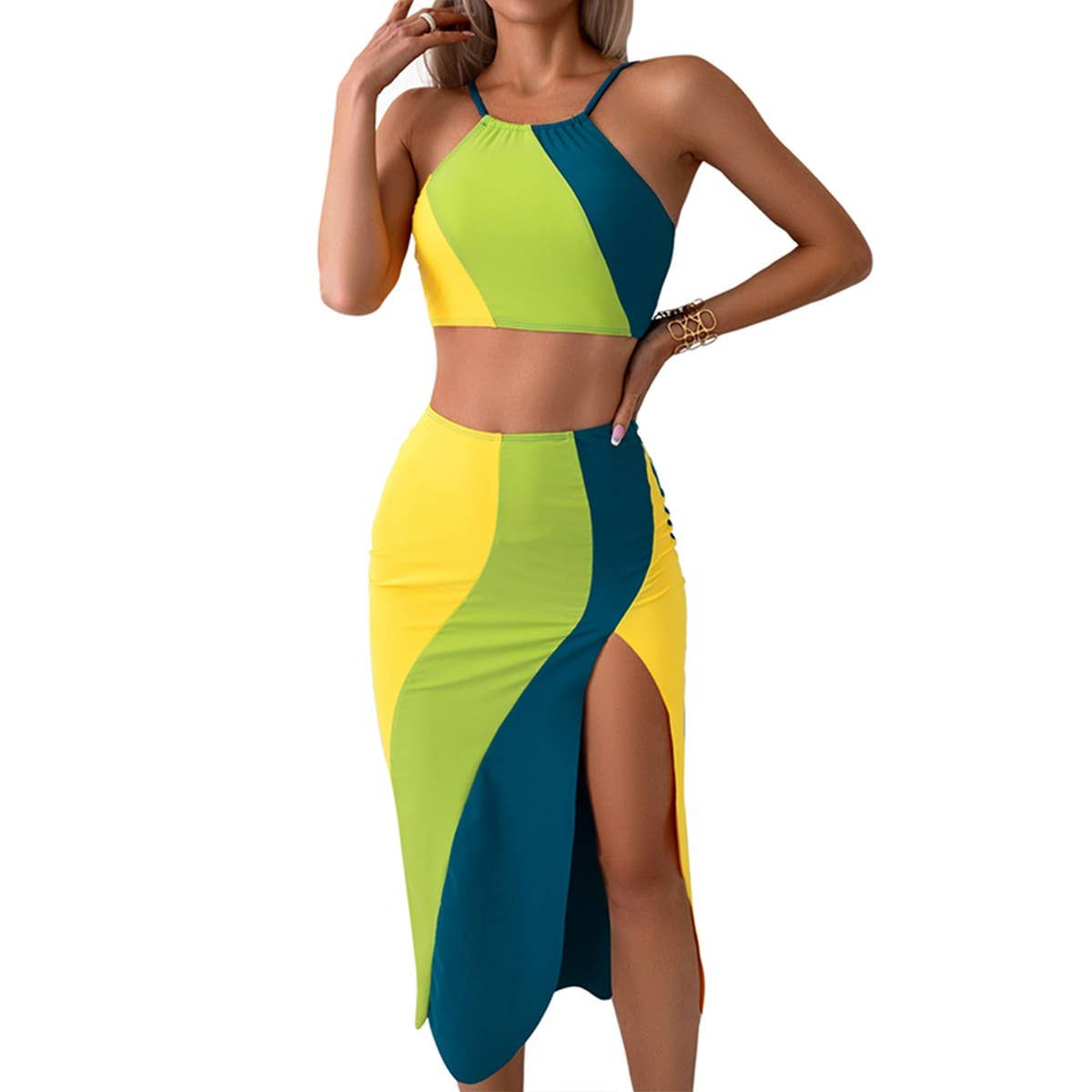 Halter Sleeveless Two Pieces Split Print Swimsuit - MVTFASHION.COM