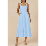 Halter Solid Pockets Sleeveless A Line Long Dress - MVTFASHION.COM