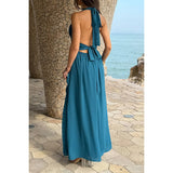 Halter V Neck Solid High Slit Bow Tie Maxi Dress - MVTFASHION.COM