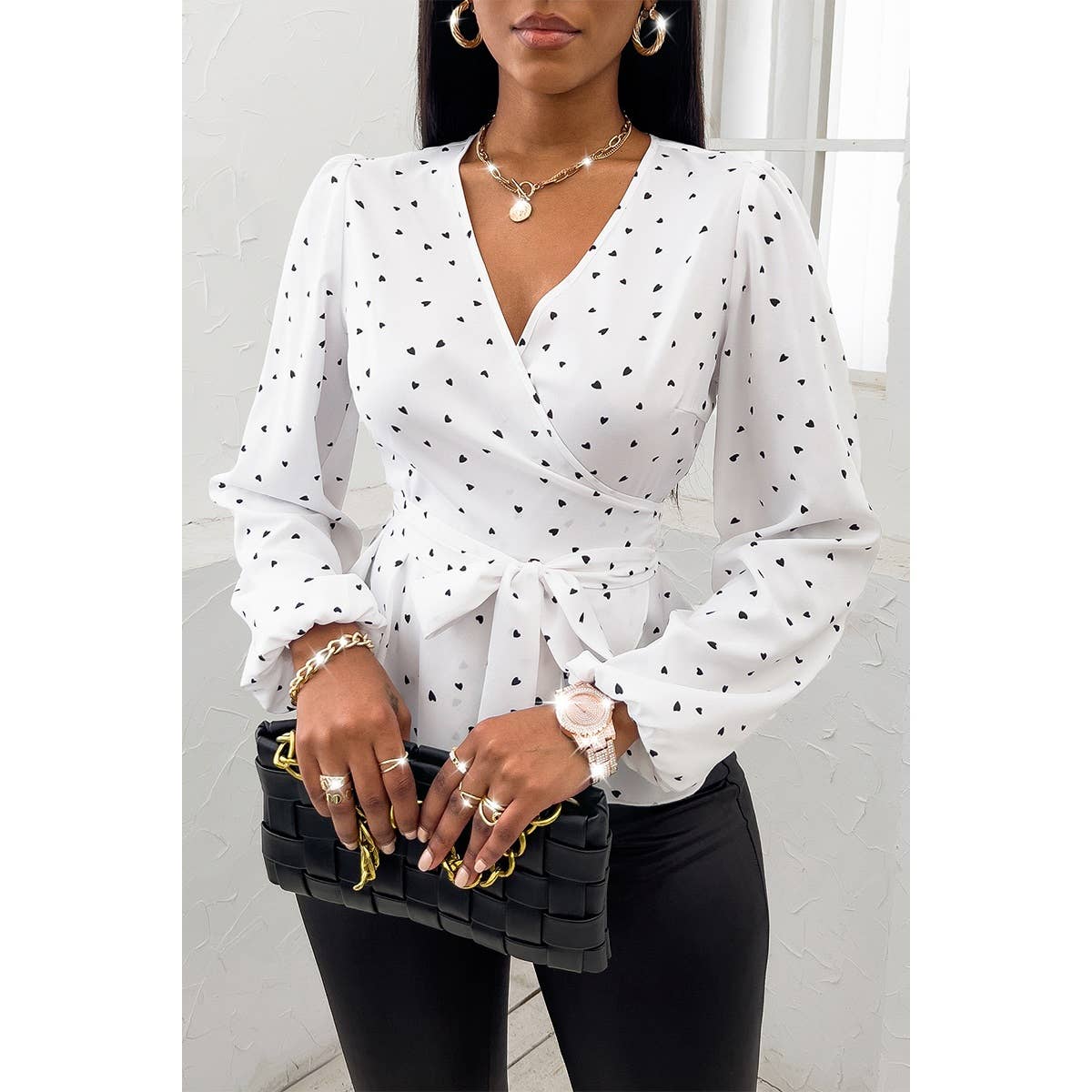 Heart Print Cross Knot Belt Fit Wrap Top - MVTFASHION.COM