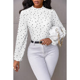 Heart Print Mock Neck Fit Blouse - MVTFASHION.COM