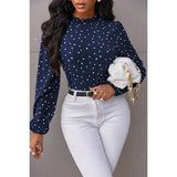 Heart Print Mock Neck Fit Blouse - MVTFASHION.COM