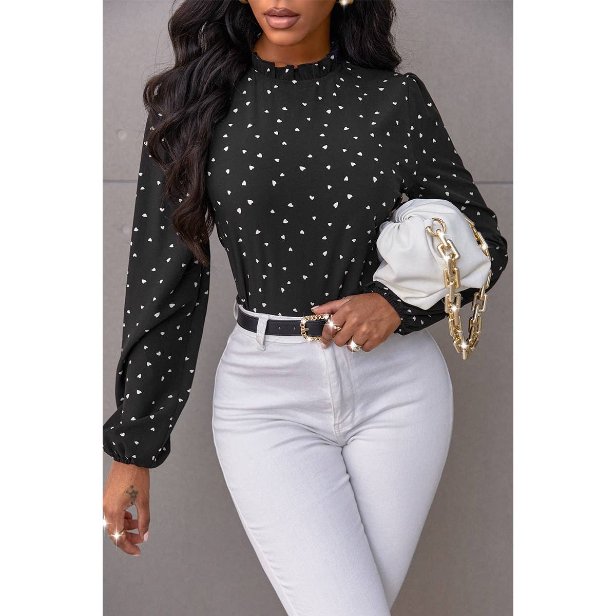 Heart Print Mock Neck Fit Blouse - MVTFASHION.COM