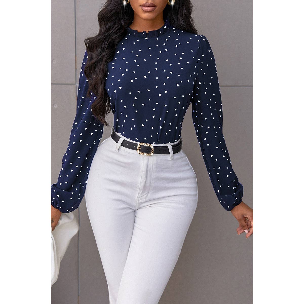 Heart Print Mock Neck Fit Blouse - MVTFASHION.COM