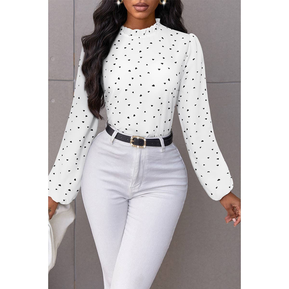 Heart Print Mock Neck Fit Blouse - MVTFASHION.COM