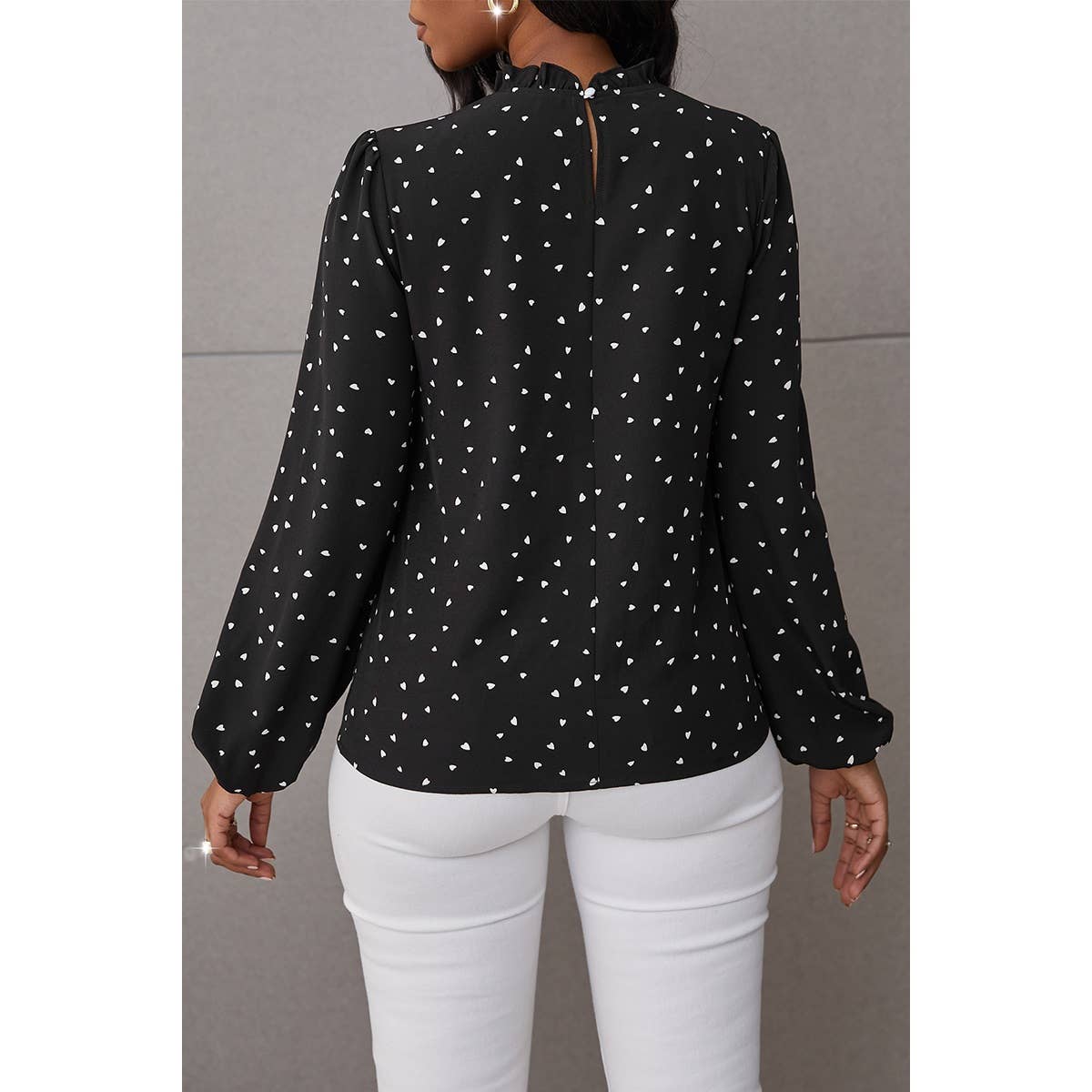 Heart Print Mock Neck Fit Blouse - MVTFASHION.COM