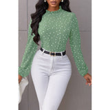 Heart Print Mock Neck Fit Blouse - MVTFASHION.COM