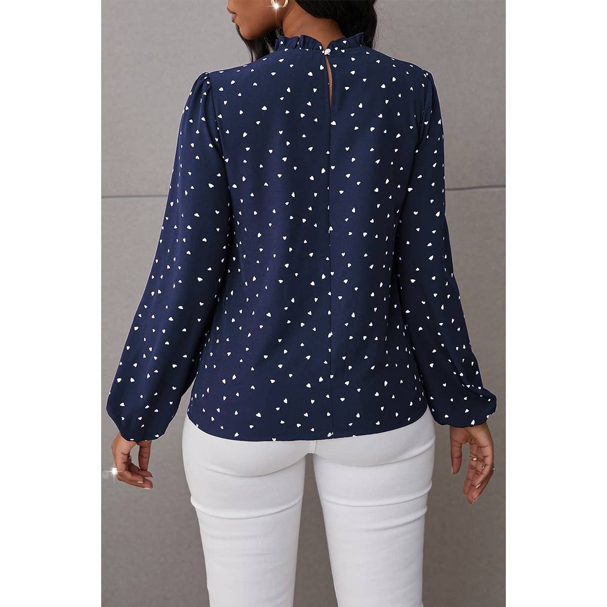 Heart Print Mock Neck Fit Blouse - MVTFASHION.COM