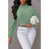 Heart Print Mock Neck Fit Blouse - MVTFASHION.COM