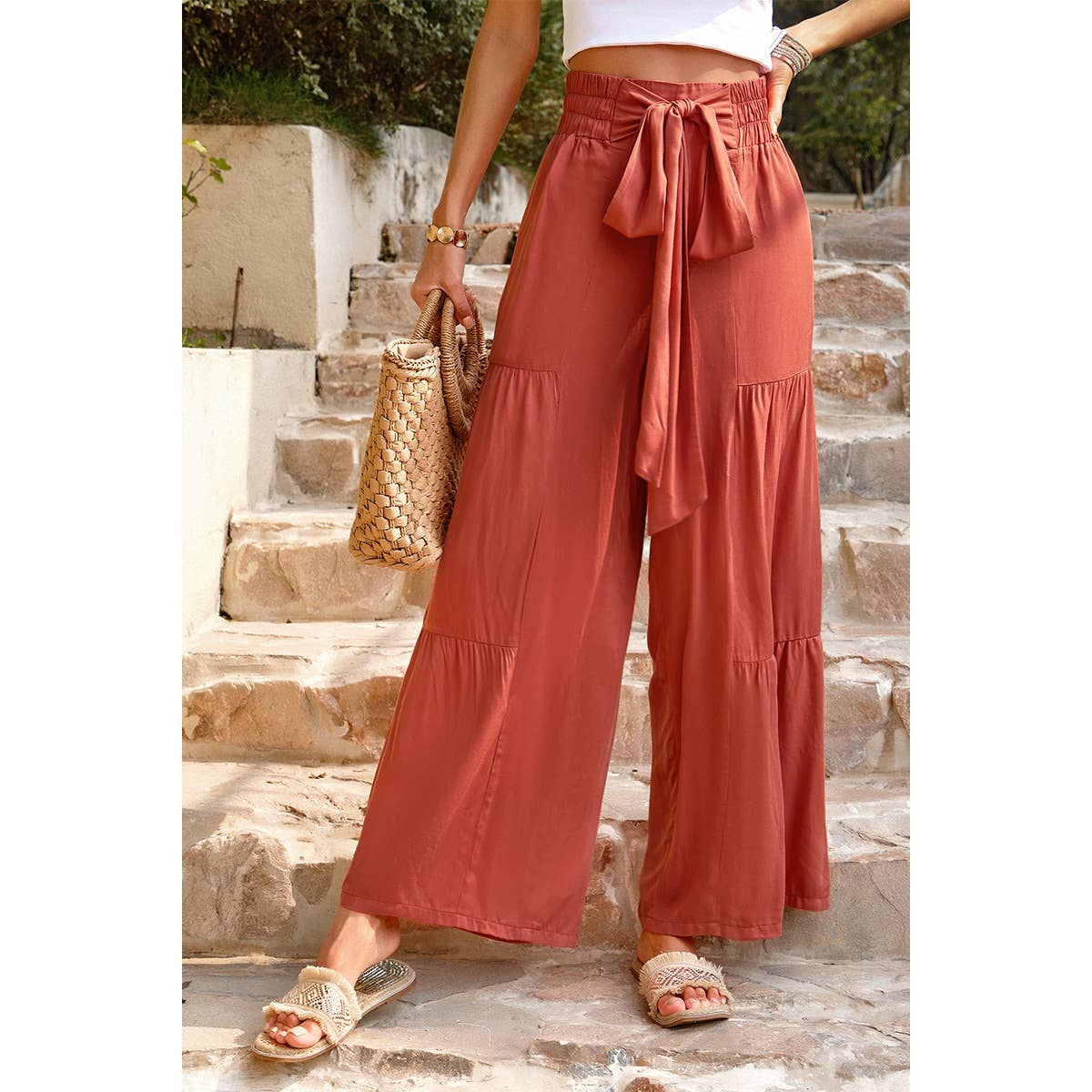 High Waist Knot Elastic Solid Pant - MVTFASHION.COM