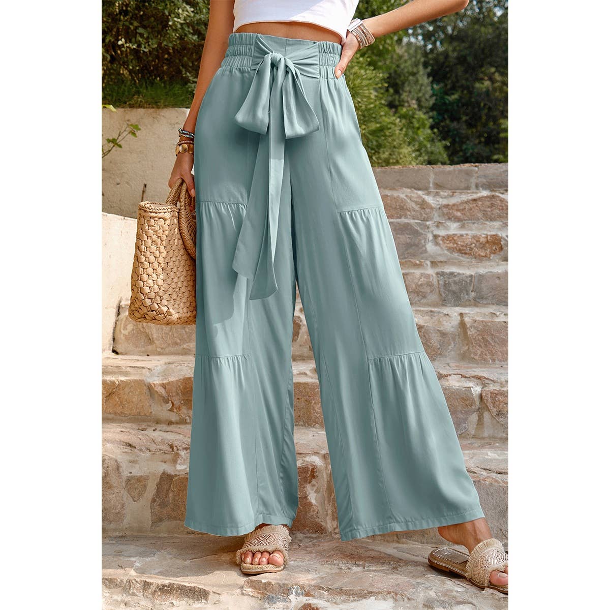 High Waist Knot Elastic Solid Pant - MVTFASHION.COM