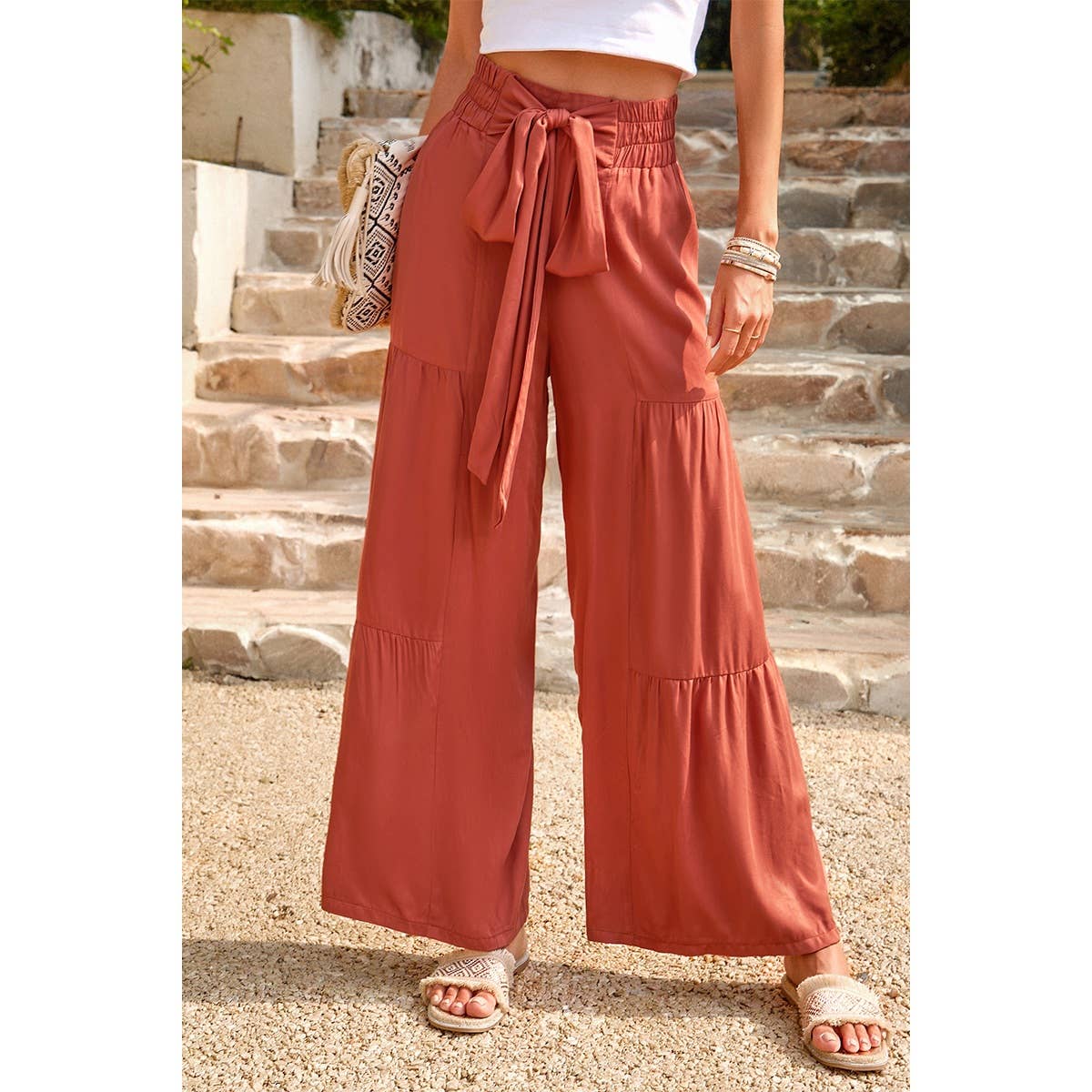 High Waist Knot Elastic Solid Pant - MVTFASHION.COM