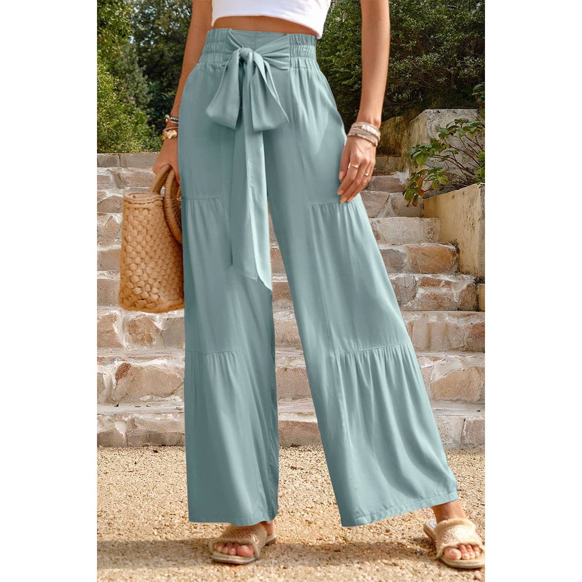 High Waist Knot Elastic Solid Pant - MVTFASHION.COM