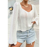 Hollow Out Knit Wave Solid Wide Sleeve Sweater - MVTFASHION.COM