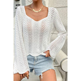 Hollow Out Knit Wave Solid Wide Sleeve Sweater - MVTFASHION.COM