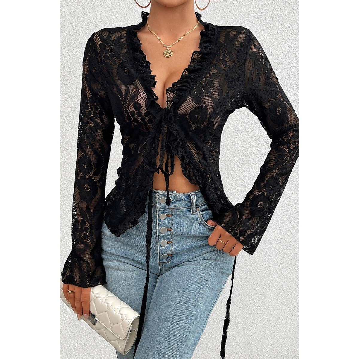 Hollow Out Lace Solid Knot Wrap Ruffle Hem Top - MVTFASHION.COM