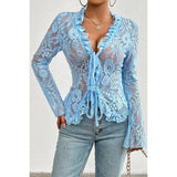 Hollow Out Lace Solid Knot Wrap Ruffle Hem Top - MVTFASHION.COM