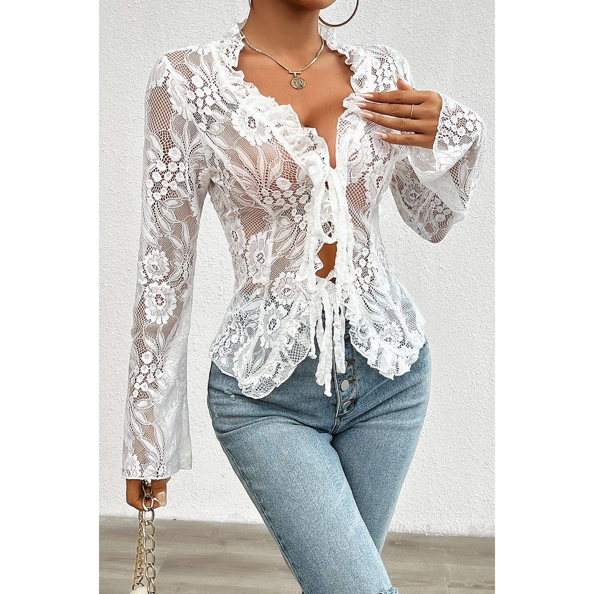 Hollow Out Lace Solid Knot Wrap Ruffle Hem Top - MVTFASHION.COM