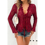 Hollow Out Lace Solid Knot Wrap Ruffle Hem Top - MVTFASHION.COM