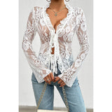 Hollow Out Lace Solid Knot Wrap Ruffle Hem Top - MVTFASHION.COM