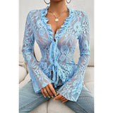 Hollow Out Lace Solid Knot Wrap Ruffle Hem Top - MVTFASHION.COM