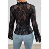 Hollow Out Lace Solid Knot Wrap Ruffle Hem Top - MVTFASHION.COM