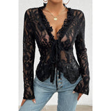 Hollow Out Lace Solid Knot Wrap Ruffle Hem Top - MVTFASHION.COM