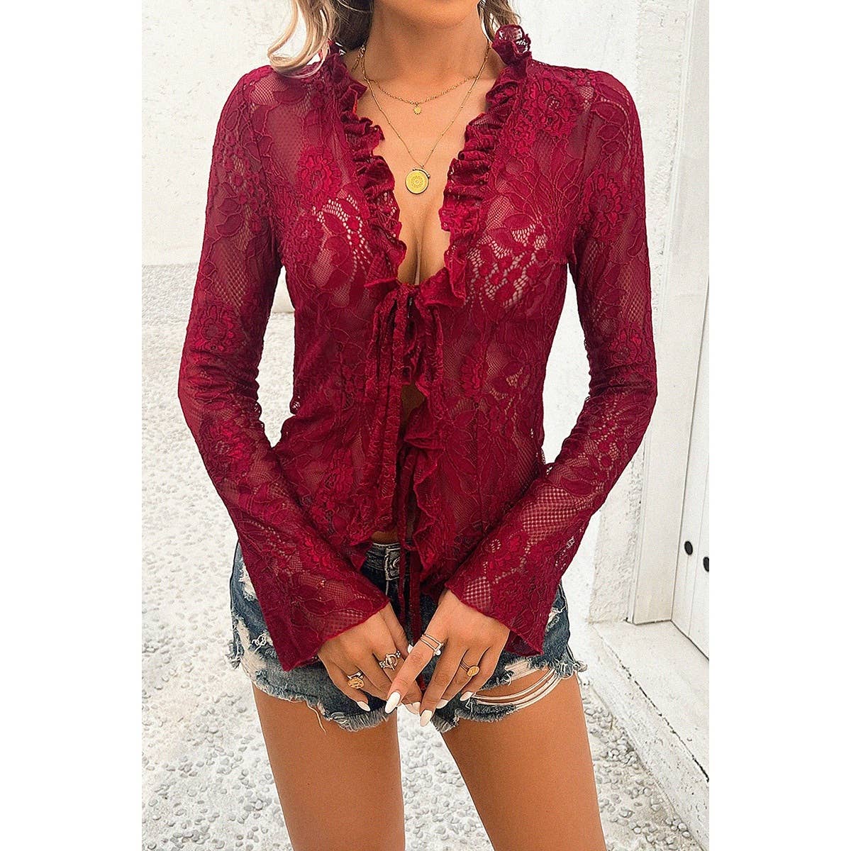 Hollow Out Lace Solid Knot Wrap Ruffle Hem Top - MVTFASHION.COM