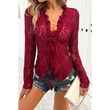 Hollow Out Lace Solid Knot Wrap Ruffle Hem Top - MVTFASHION.COM