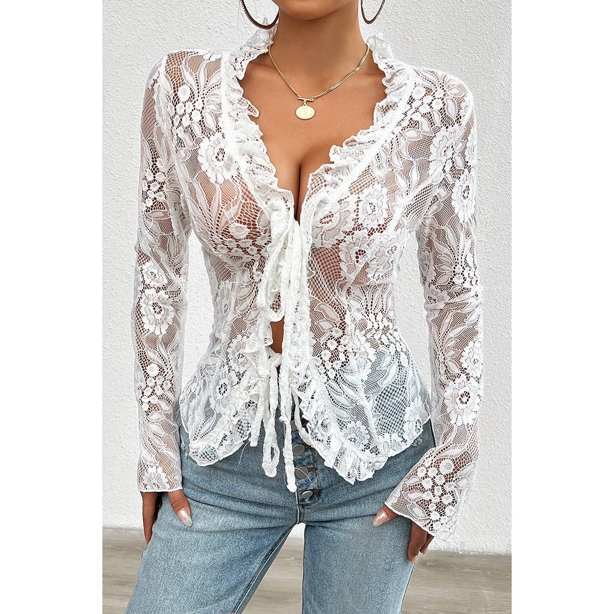 Hollow Out Lace Solid Knot Wrap Ruffle Hem Top - MVTFASHION.COM