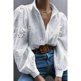 Hollow Out Solid Button Puff Sleeves Blouse - MVTFASHION.COM