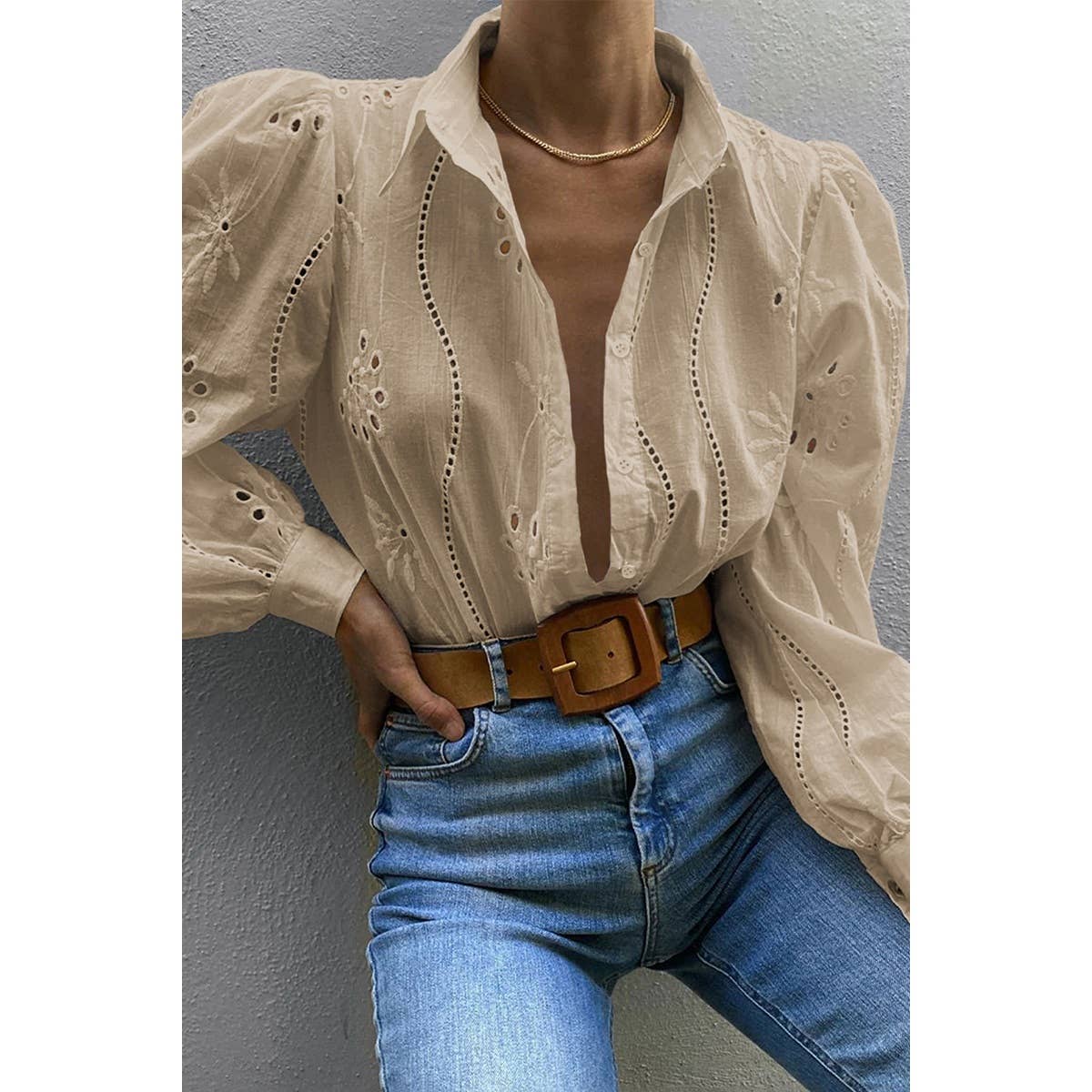 Hollow Out Solid Button Puff Sleeves Blouse - MVTFASHION.COM