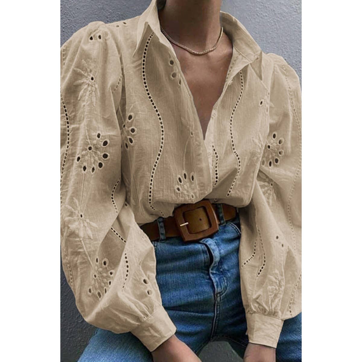 Hollow Out Solid Button Puff Sleeves Blouse - MVTFASHION.COM