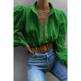 Hollow Out Solid Button Puff Sleeves Blouse - MVTFASHION.COM