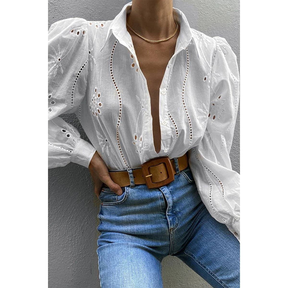 Hollow Out Solid Button Puff Sleeves Blouse - MVTFASHION.COM