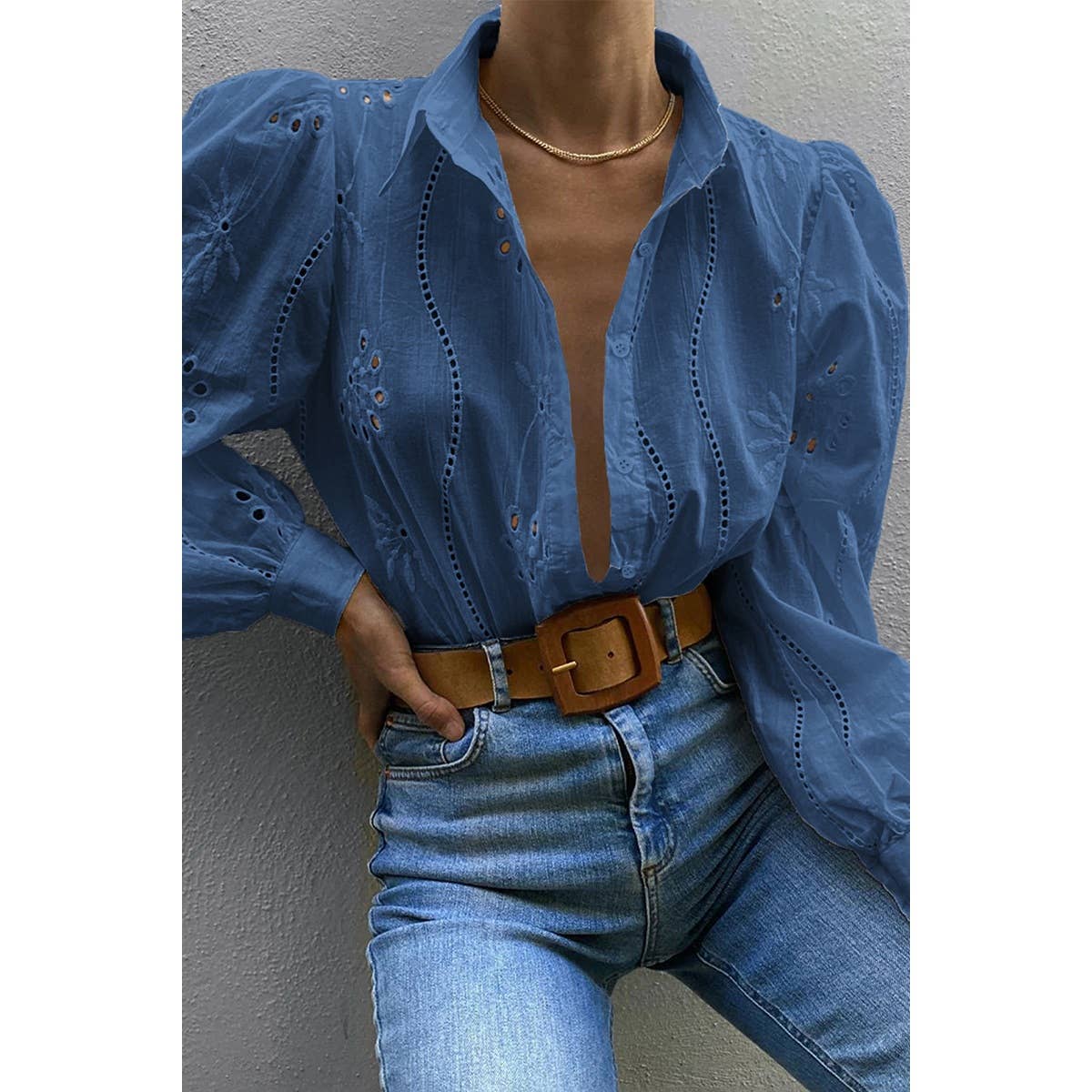 Hollow Out Solid Button Puff Sleeves Blouse - MVTFASHION.COM