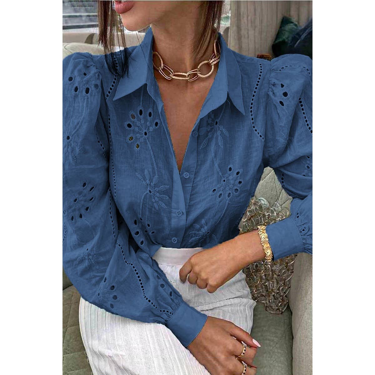 Hollow Out Solid Button Puff Sleeves Blouse - MVTFASHION.COM