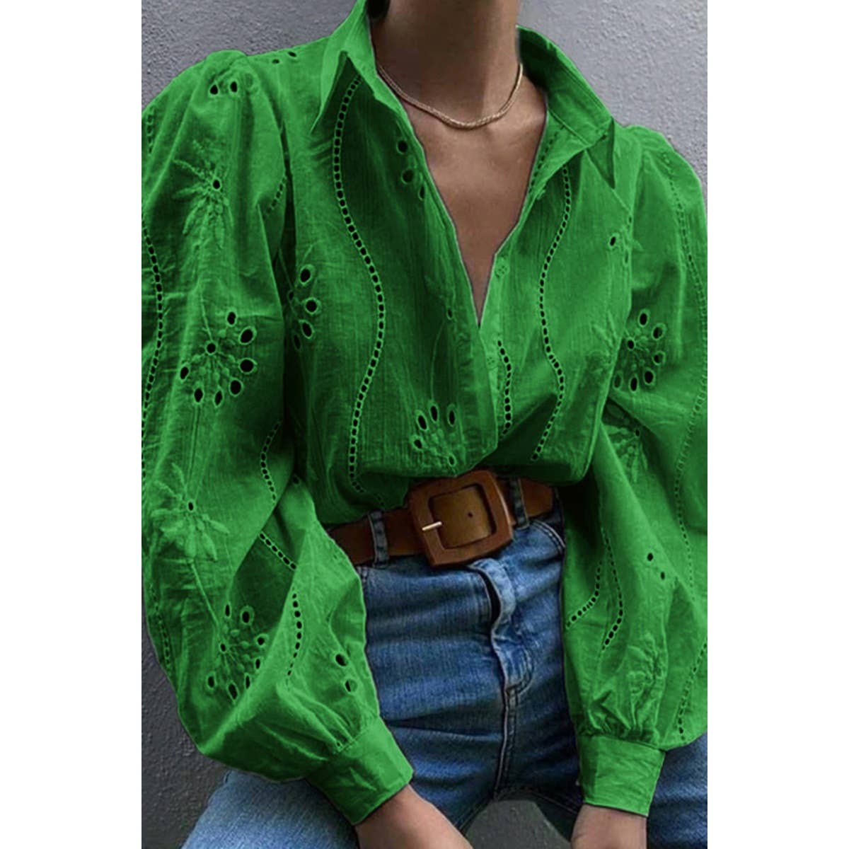 Hollow Out Solid Button Puff Sleeves Blouse - MVTFASHION.COM