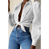 Hollow Out Solid Button Puff Sleeves Blouse - MVTFASHION.COM